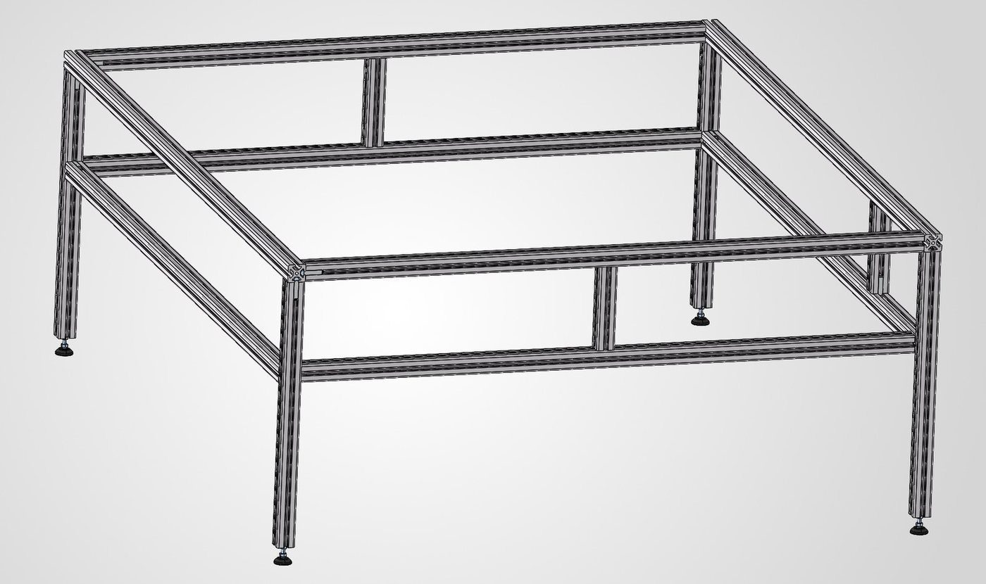 Bettgestell für Transporter – CAD-Rendering des Aluminium-Grundgestells mit Stellfüßen, ohne Liegefläche